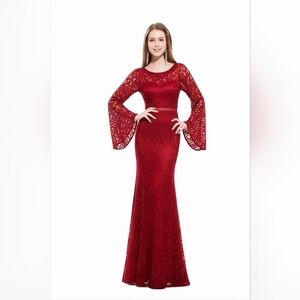 Red Long Sleeve  Lace Gown